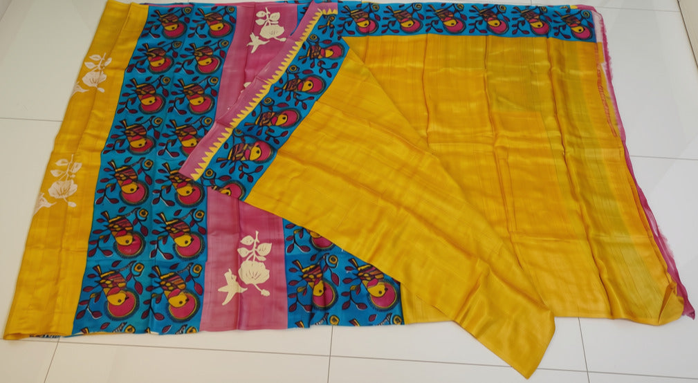 Yellow Turquoise Pure Silk Pattachitra
