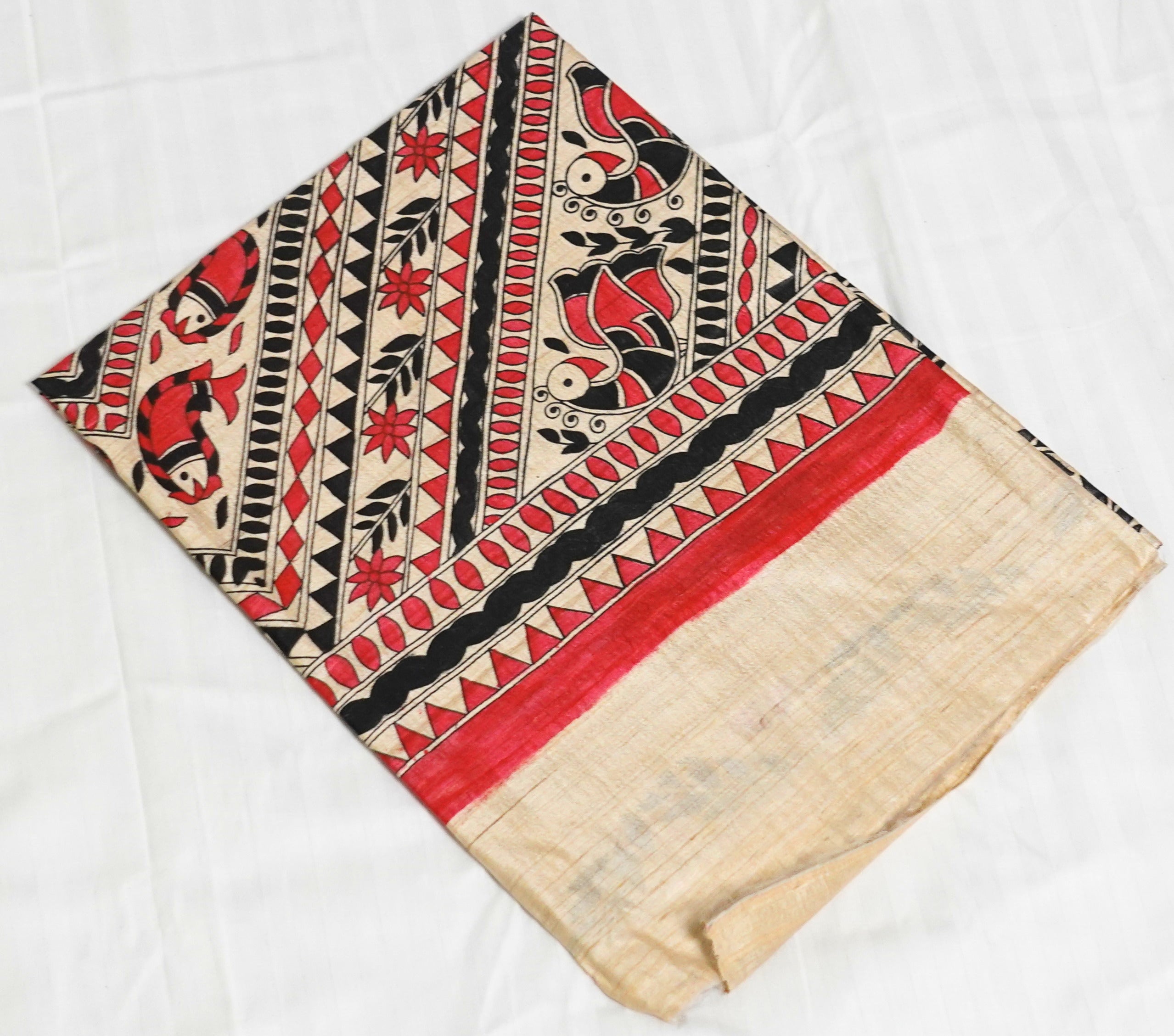 Red-Black Gachhi Tussar with hand-painted Madhubani art