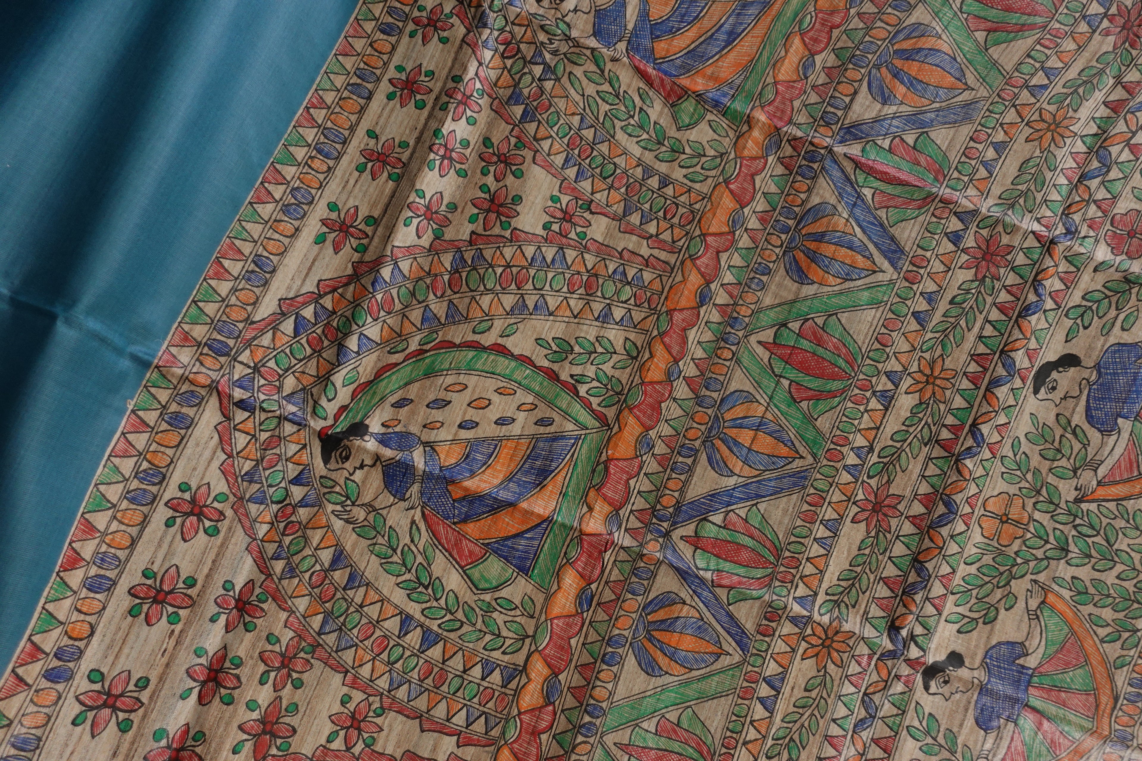 Peacock Blue Semi Tussar with handpainted Madhubani Art