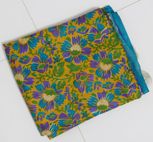 Teal-Mustard Half-Half Desi Tussar with Floral Block Print