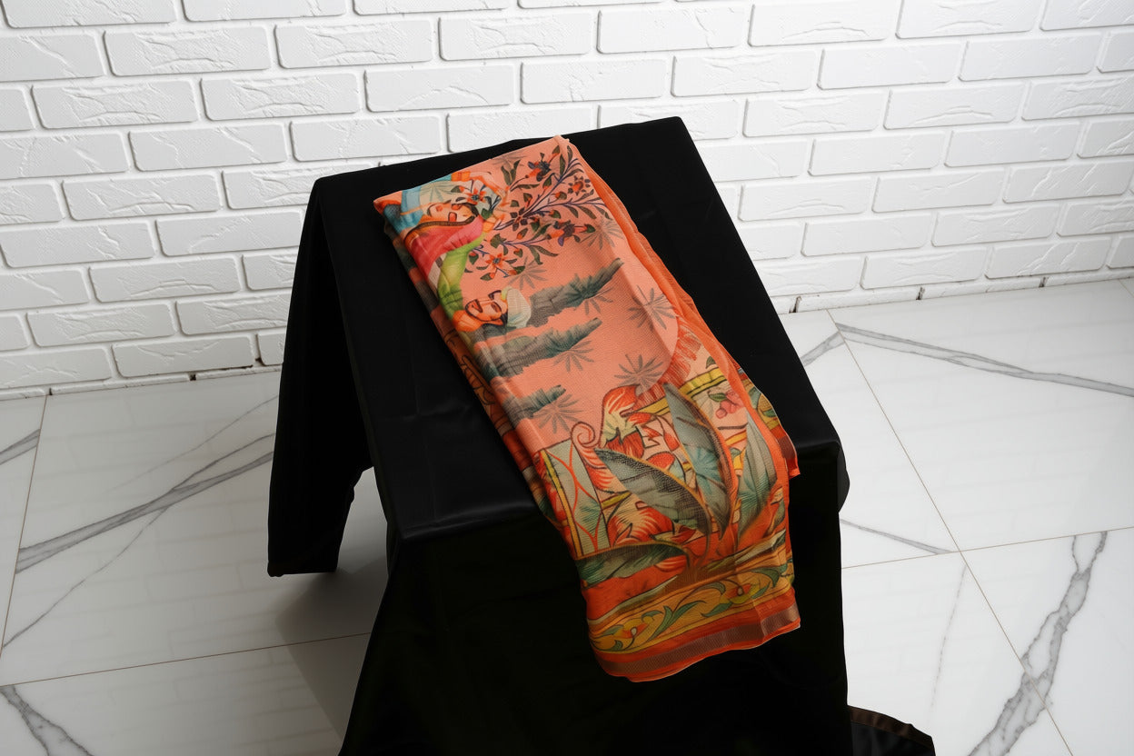 Peach Kota Doria with Digital Print