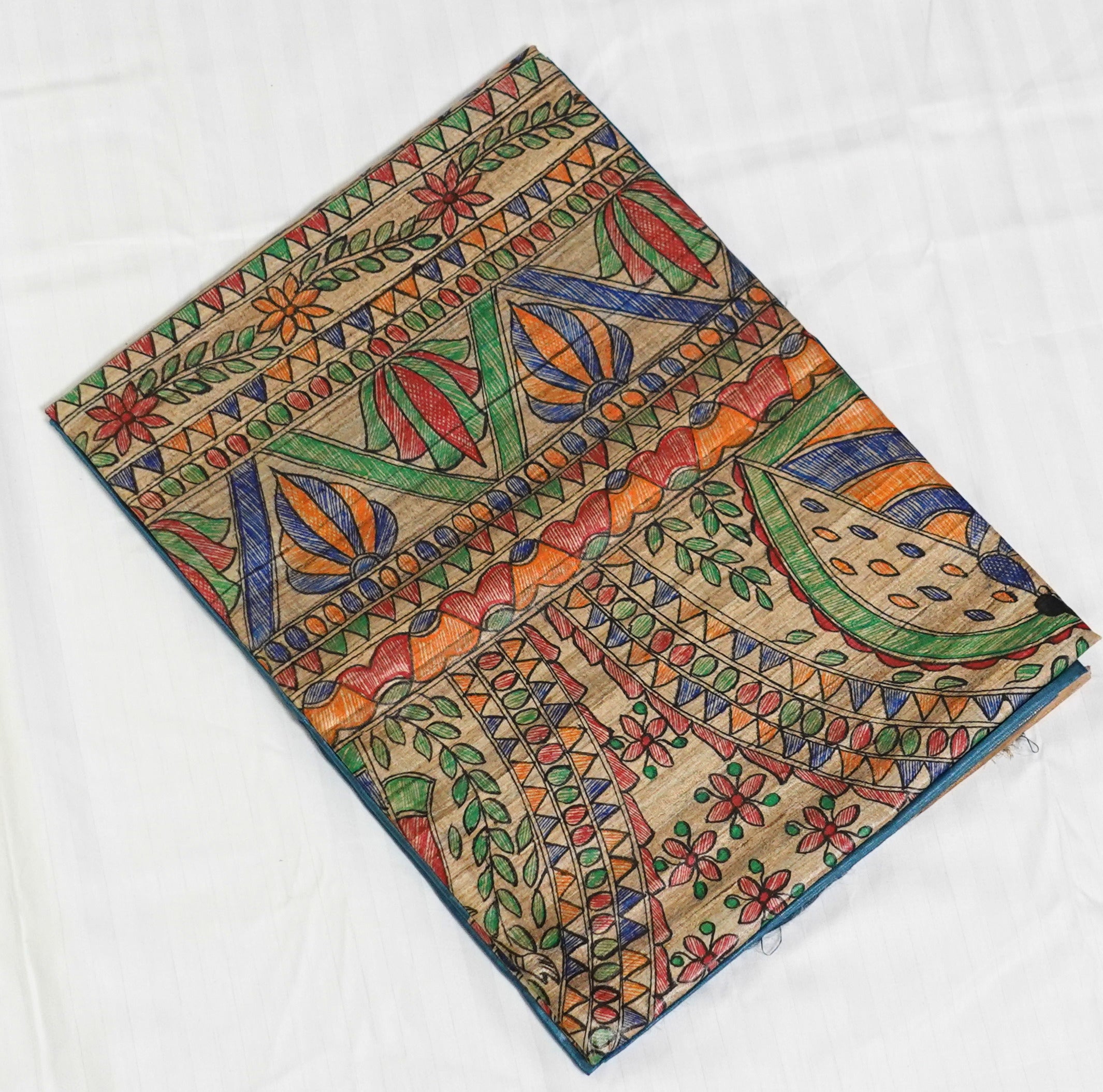 Peacock Blue Semi Tussar with handpainted Madhubani Art