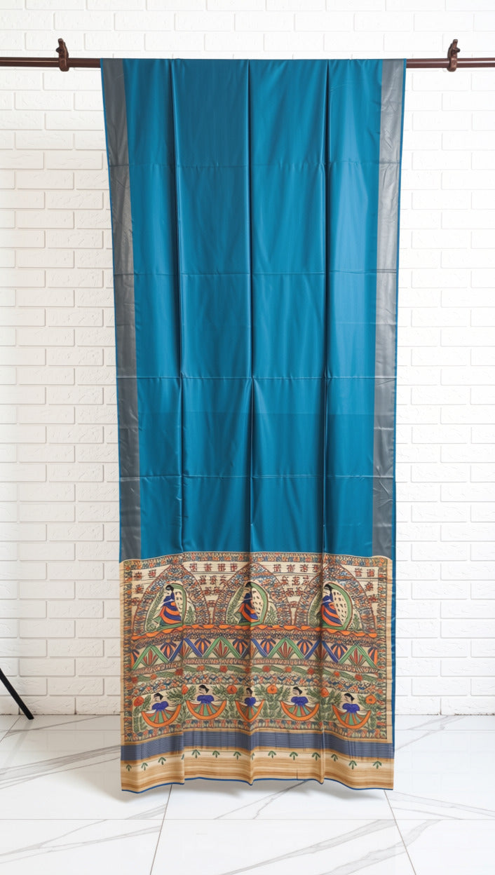 Peacock Blue Semi Tussar with handpainted Madhubani Art