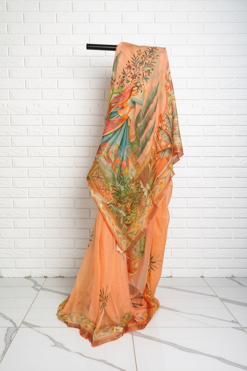 Peach Kota Doria with Digital Print