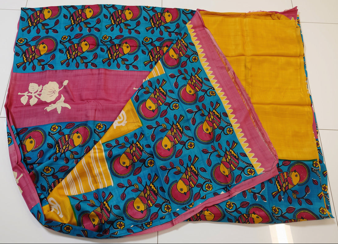 Yellow Turquoise Pure Silk Pattachitra