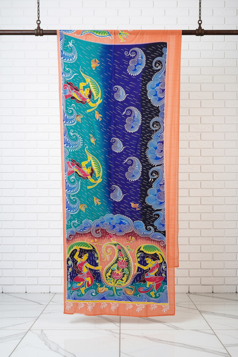Peach Coral With Shades Of Blue Pure Silk Pattachitra