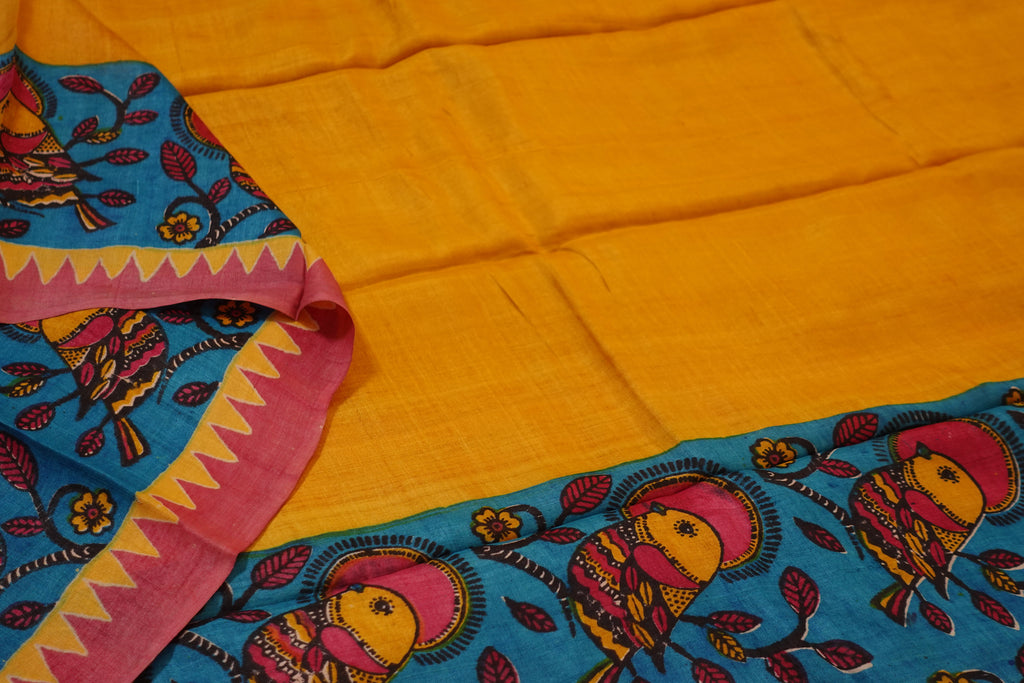 Yellow Turquoise Pure Silk Pattachitra