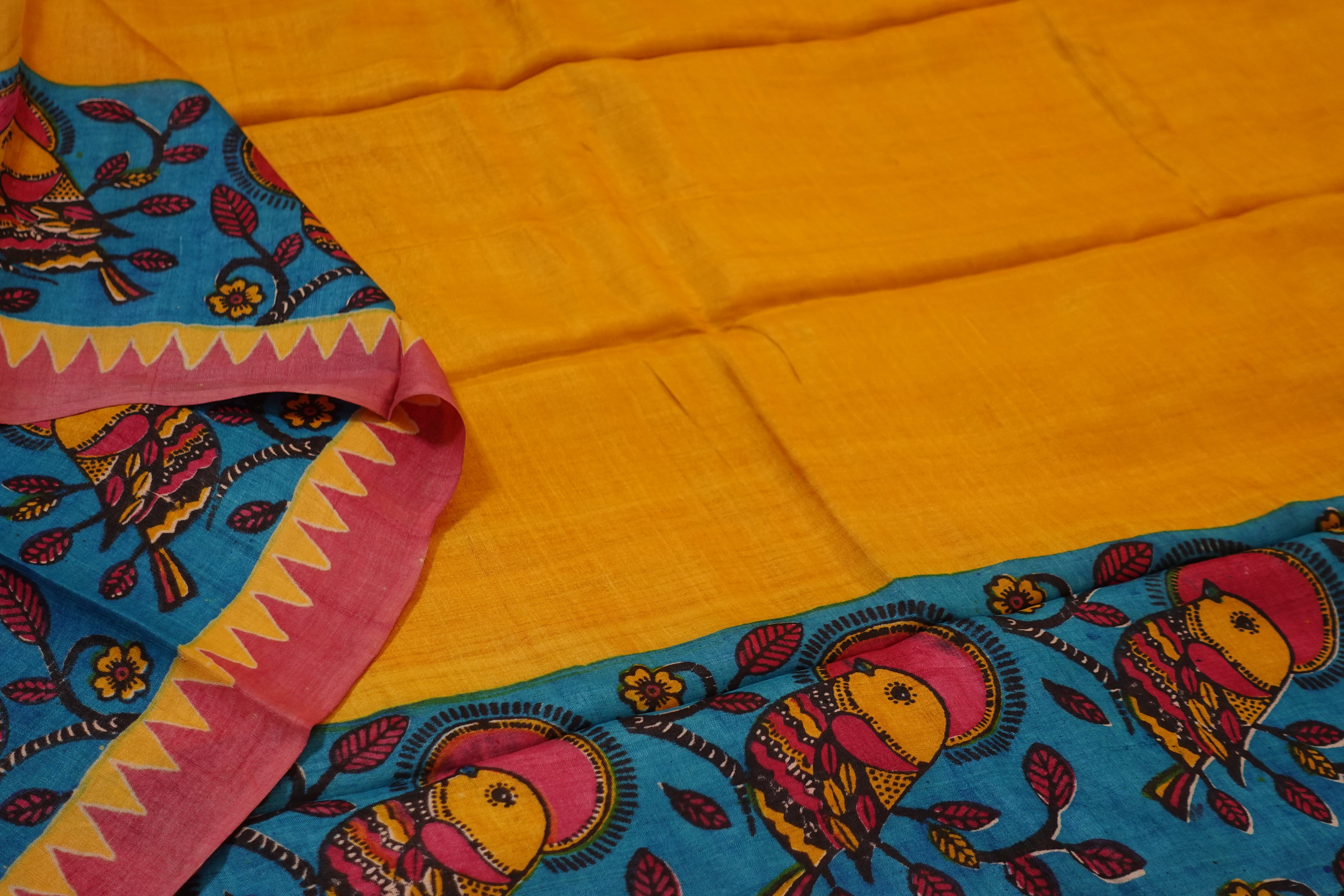 Yellow Turquoise Pure Silk Pattachitra