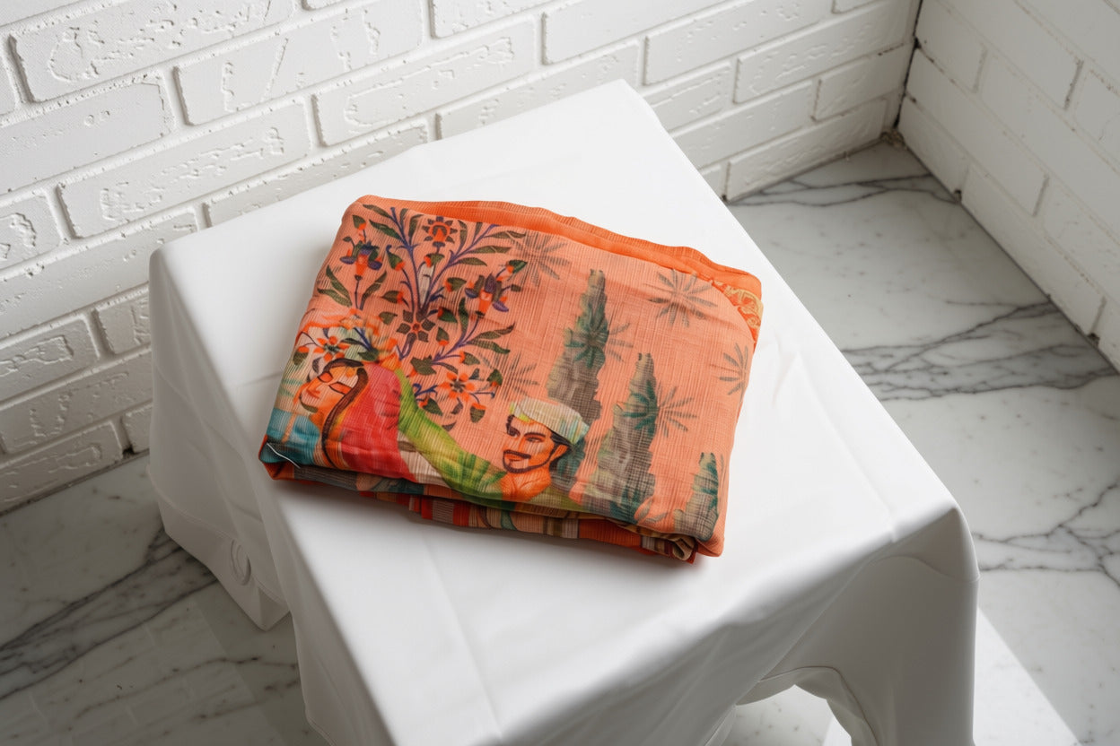 Peach Kota Doria with Digital Print