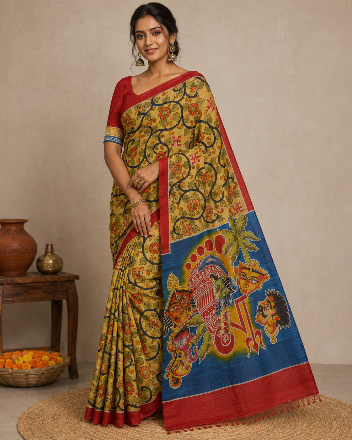 Mustard Desi Tussar with Hand Painted Pattachitra