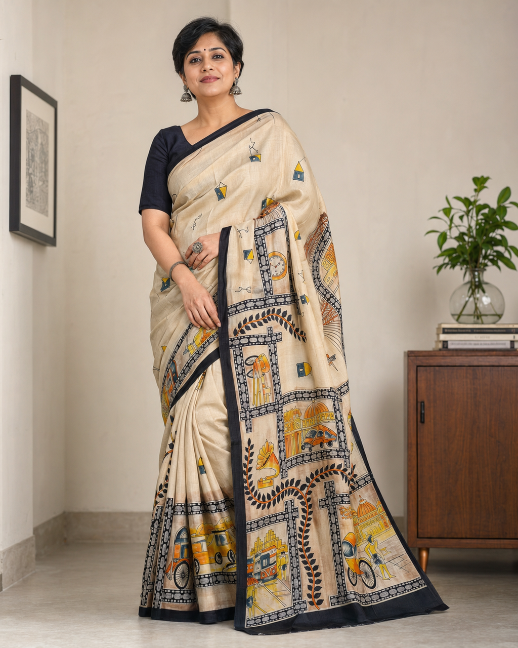 Pure Silk with Hand Painted Kolkata