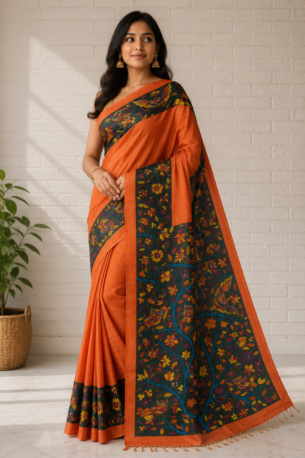 Rust Gachhi Tussar With Hand Painted Kalamkari