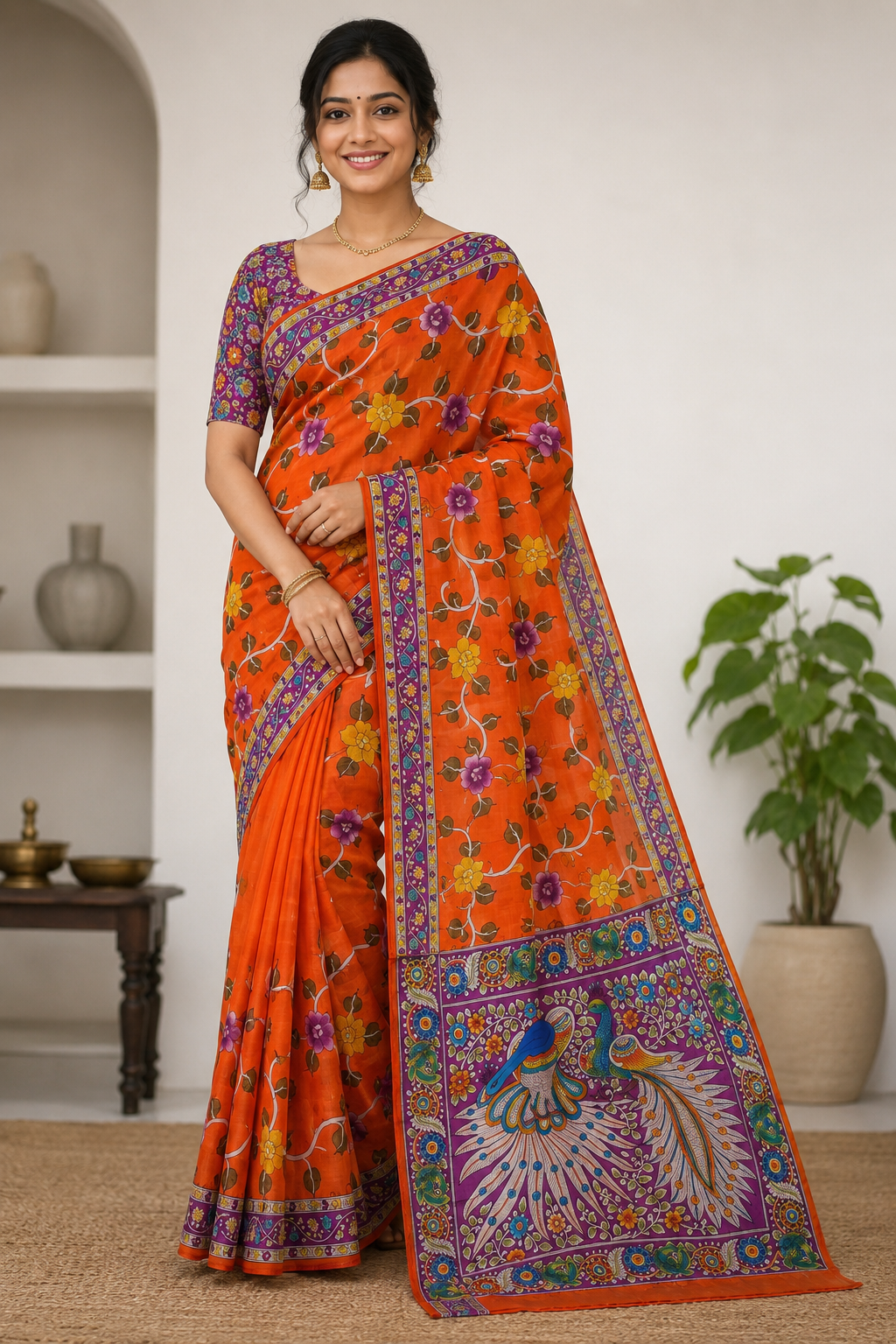 Orange Pure Silk With Hand Painted Kalamkari