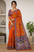 Orange Pure Silk With Hand Painted Kalamkari