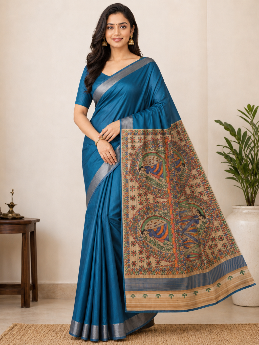 Peacock Blue Semi Tussar with handpainted Madhubani Art