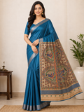 Peacock Blue Semi Tussar with handpainted Madhubani Art