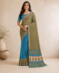 Teal-Mustard Half-Half Desi Tussar with Floral Block Print