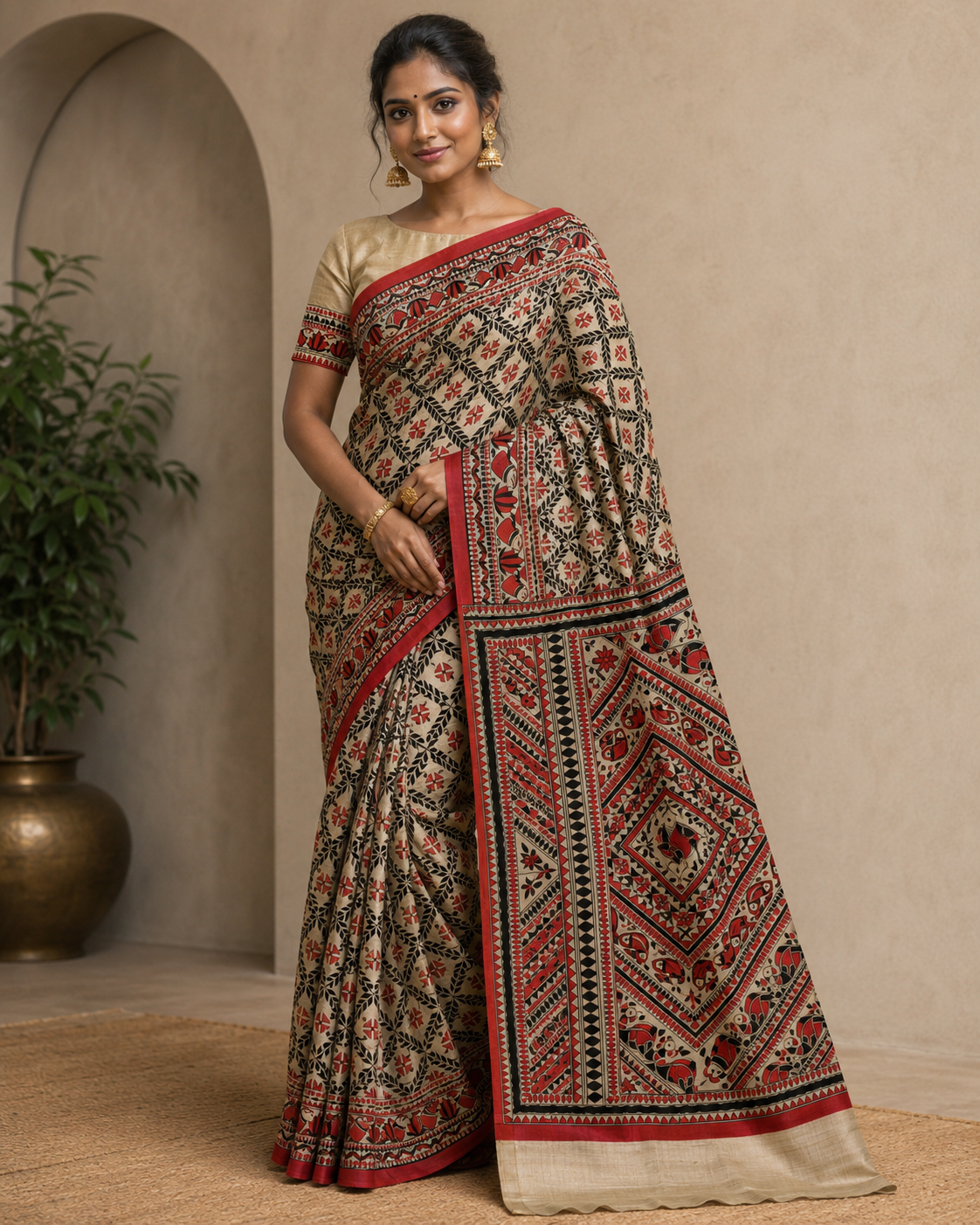 Red-Black Gachhi Tussar with hand-painted Madhubani art