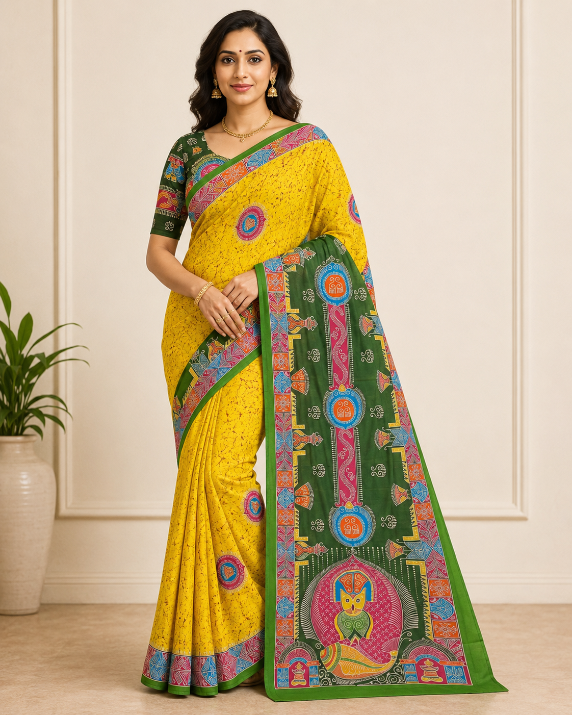 Marigold Pure Silk With Hand Painted Pattachitra