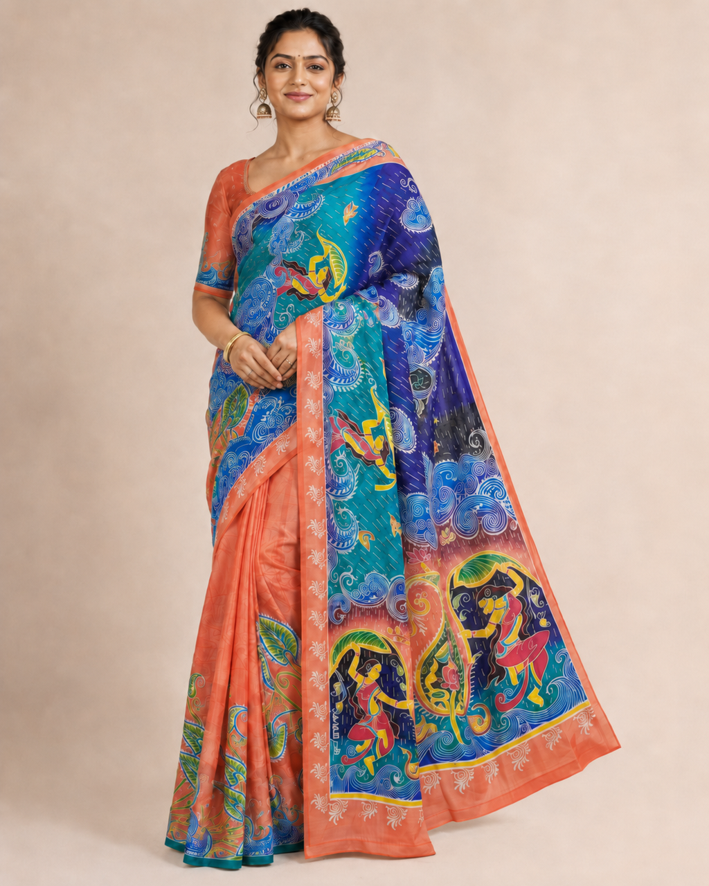 Peach Coral With Shades Of Blue Pure Silk Pattachitra
