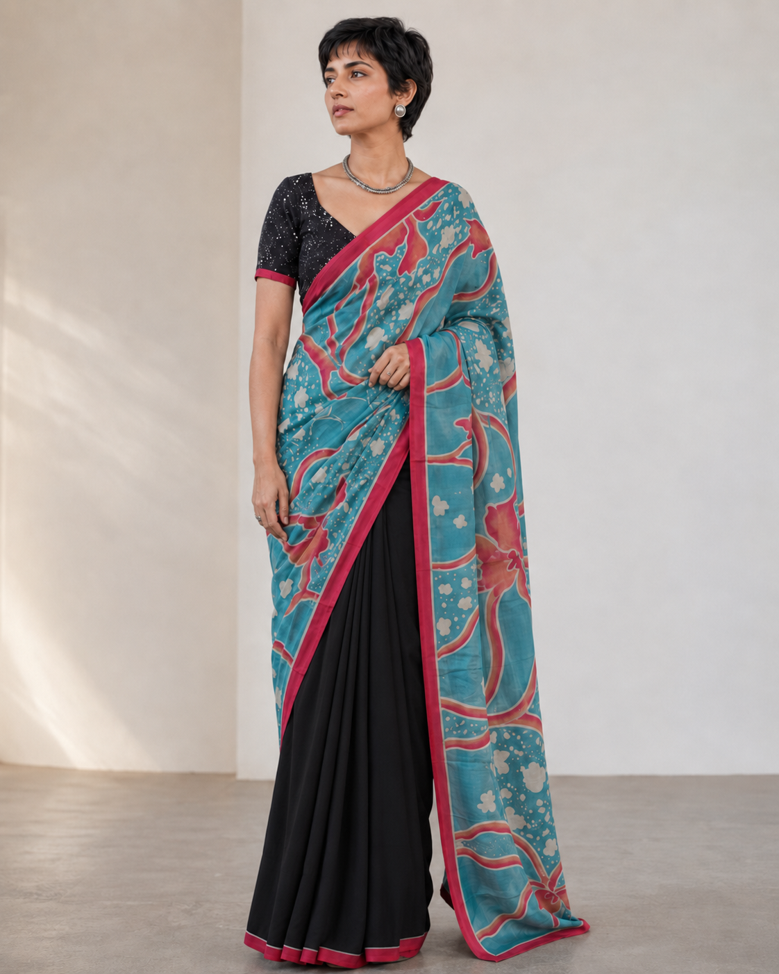 Black Teal Gachhi Tussar with Hand Painted Batik
