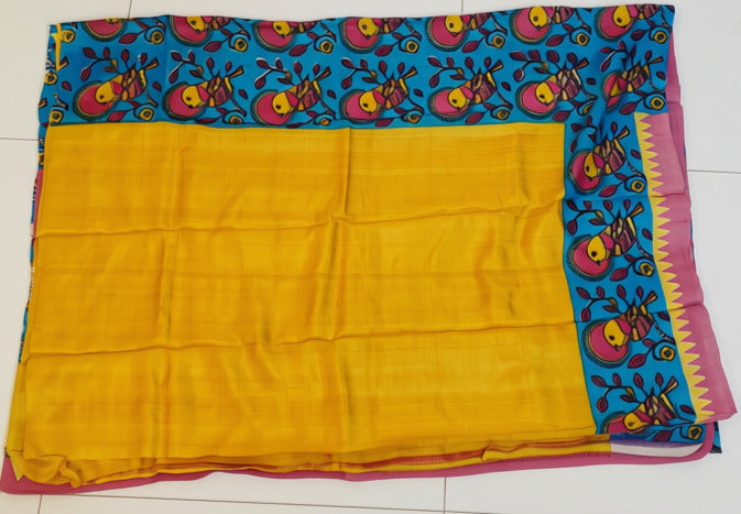 Yellow Turquoise Pure Silk Pattachitra