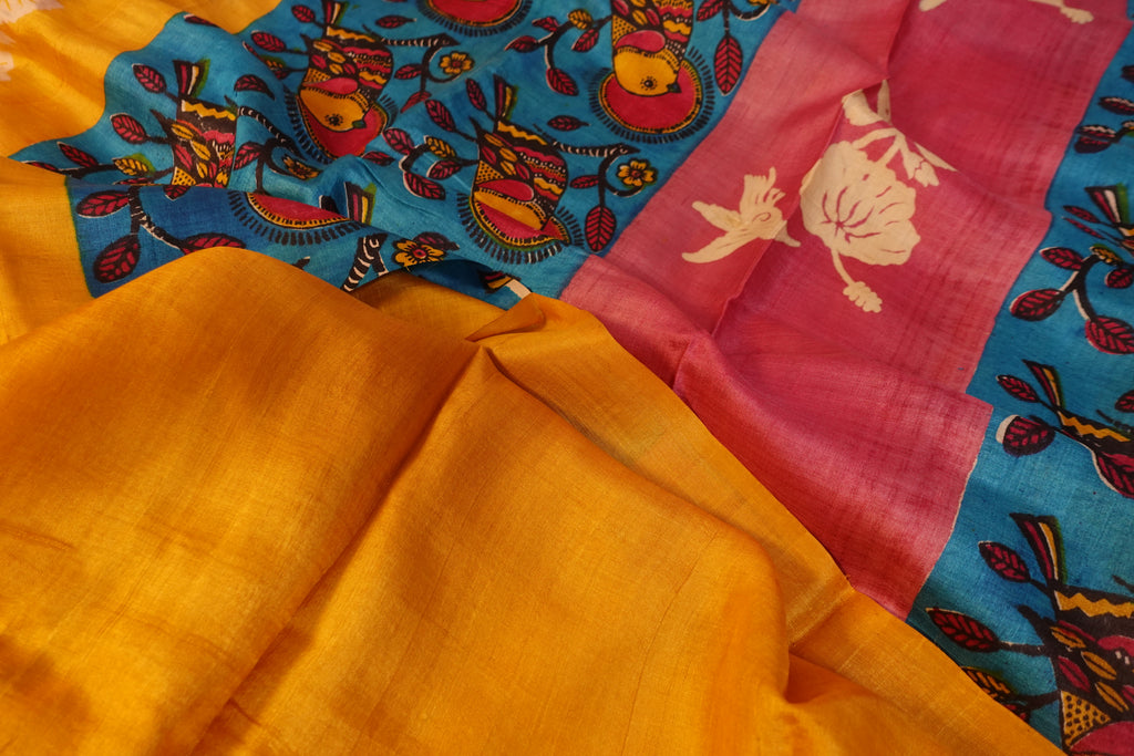 Yellow Turquoise Pure Silk Pattachitra