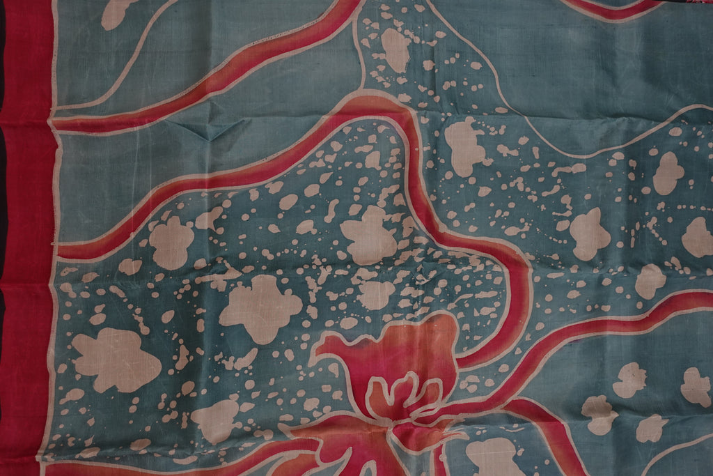 Black Teal Gachhi Tussar with Hand Painted Batik