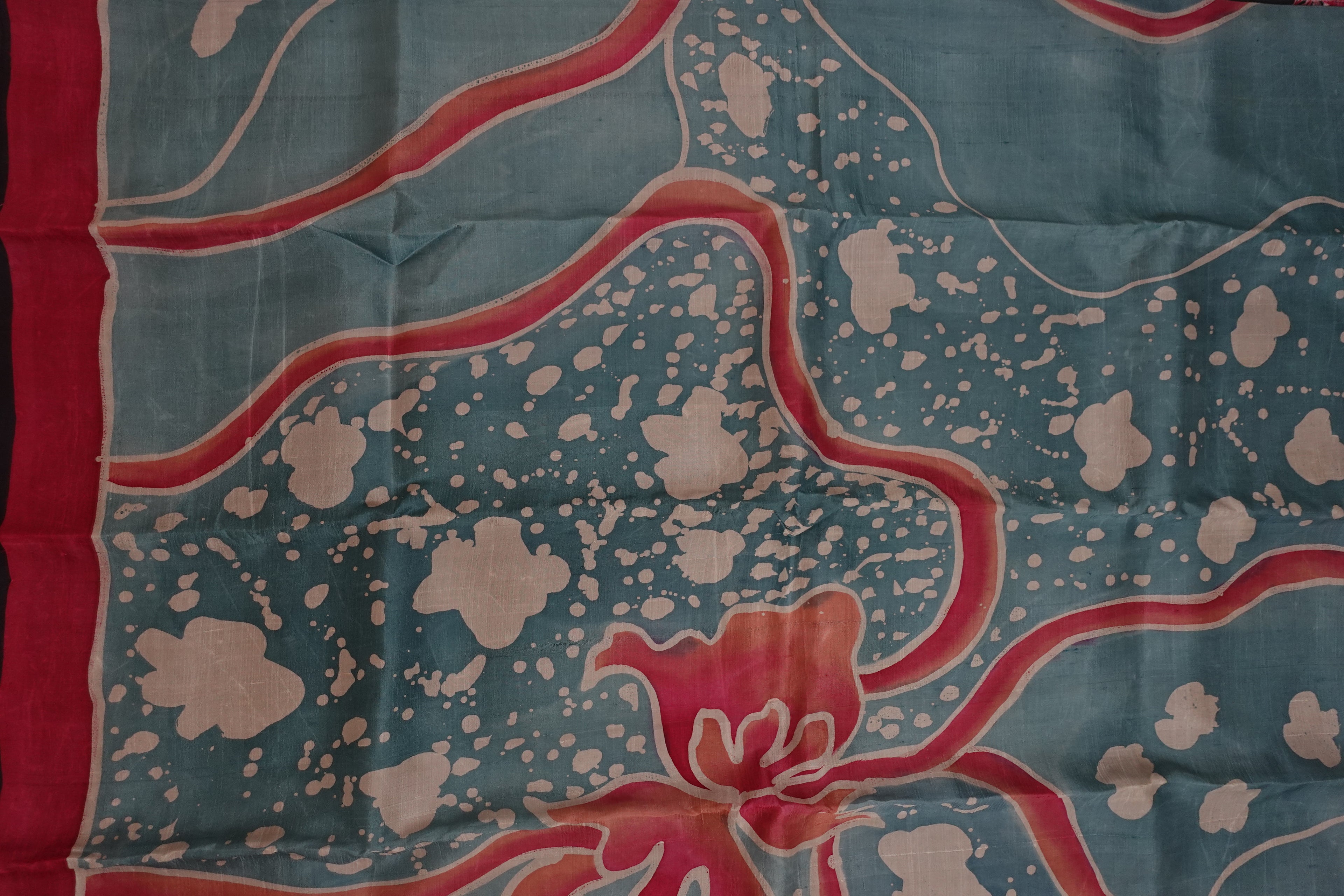 Black Teal Gachhi Tussar with Hand Painted Batik