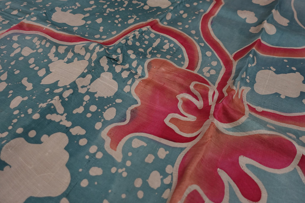 Black Teal Gachhi Tussar with Hand Painted Batik