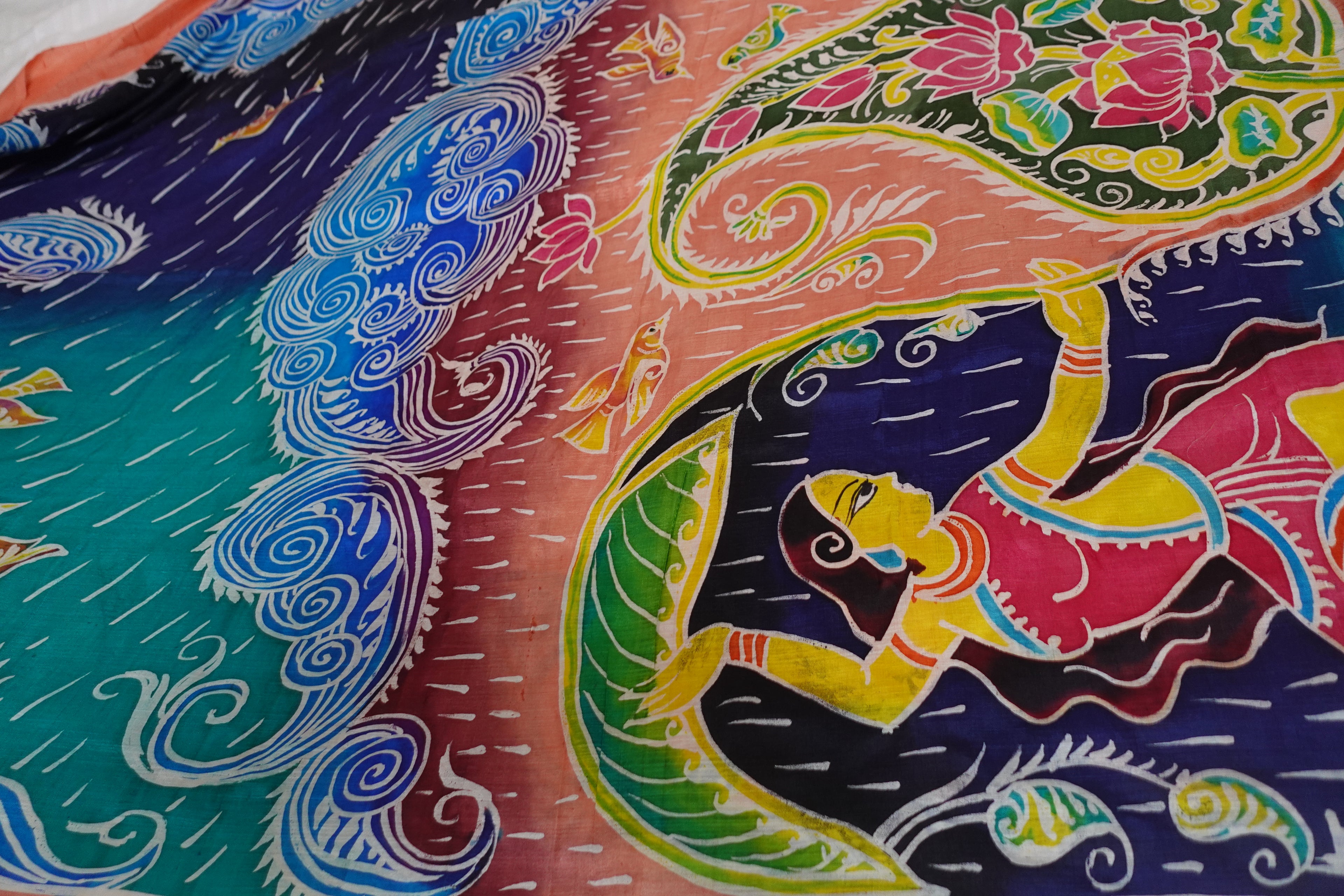 Peach Coral With Shades Of Blue Pure Silk Pattachitra