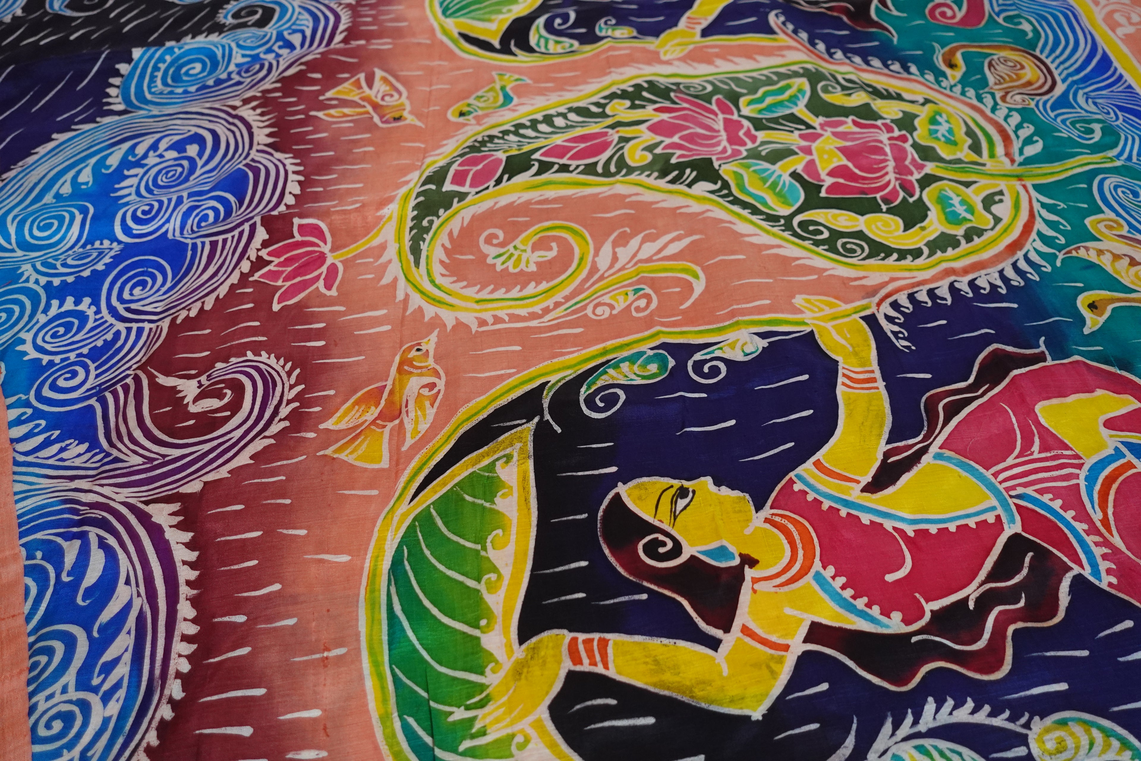Peach Coral With Shades Of Blue Pure Silk Pattachitra
