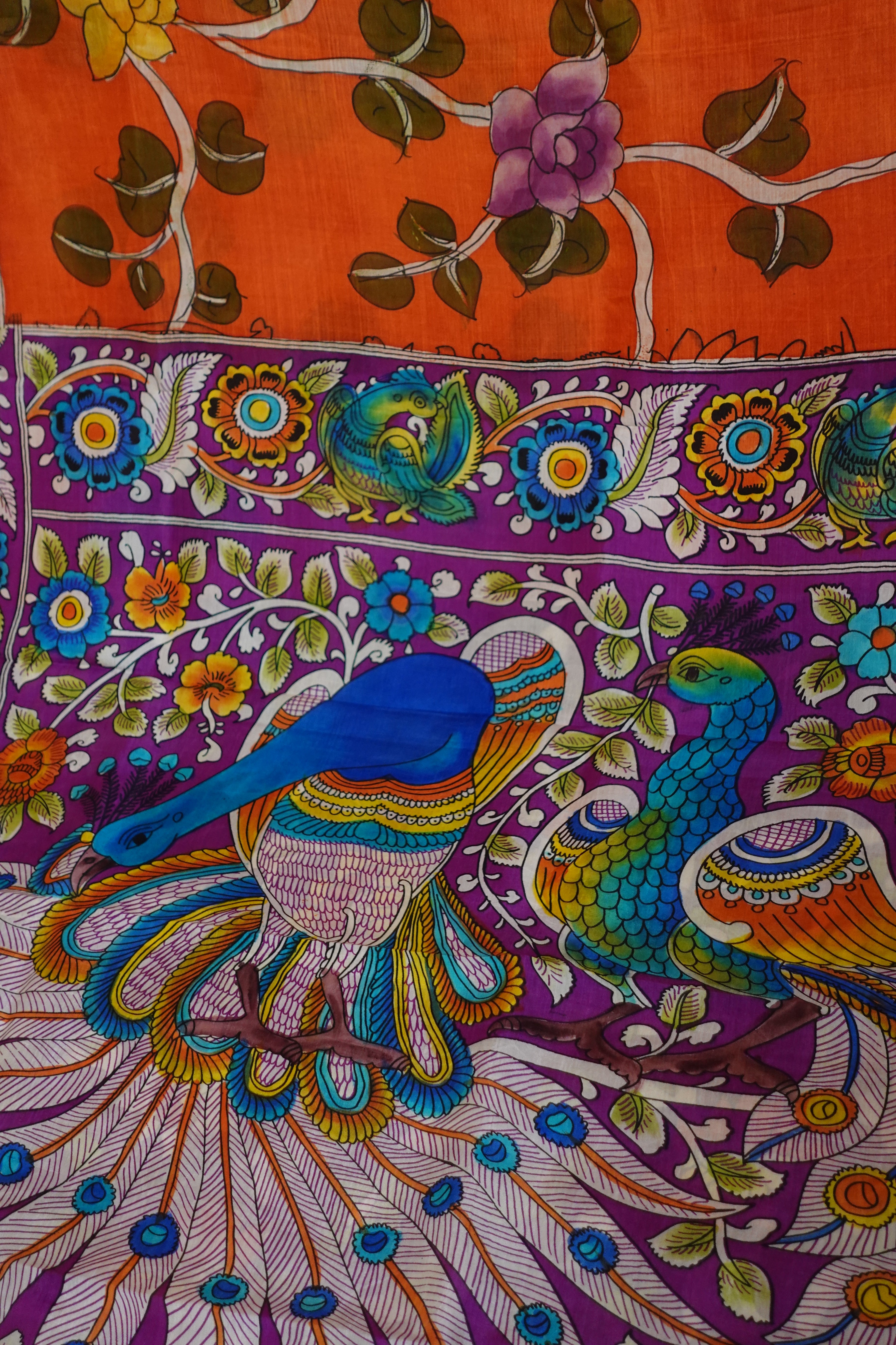 Orange Pure Silk With Hand Painted Kalamkari