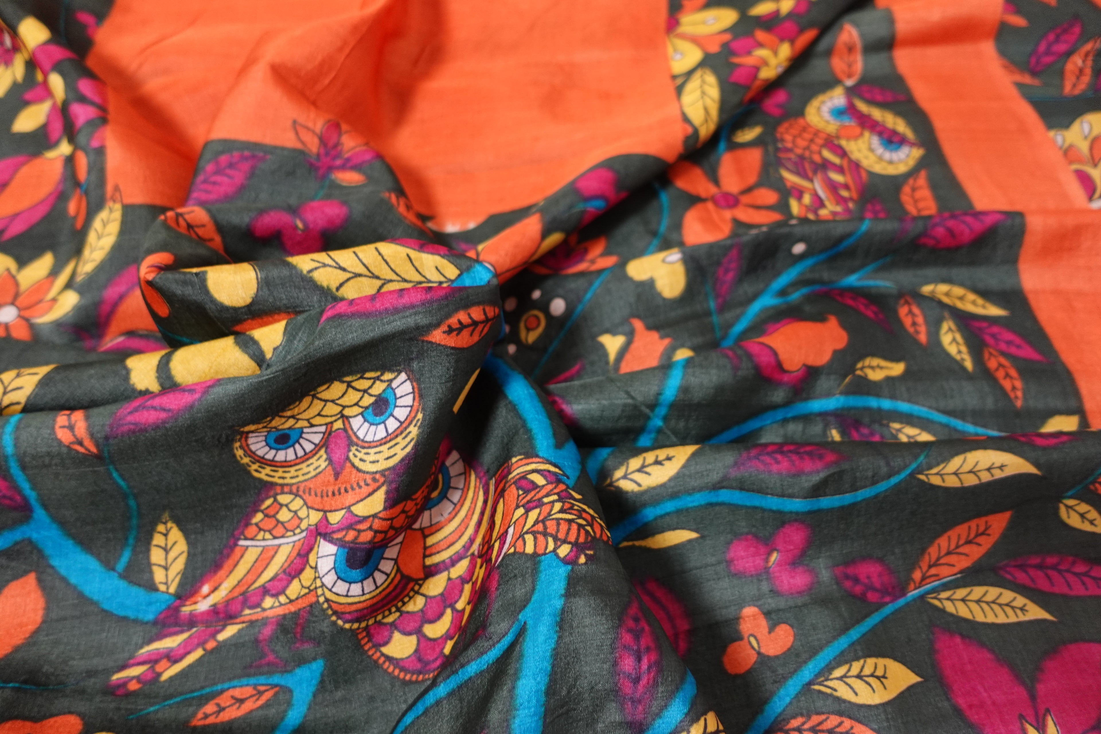 Rust Gachhi Tussar With Hand Painted Kalamkari