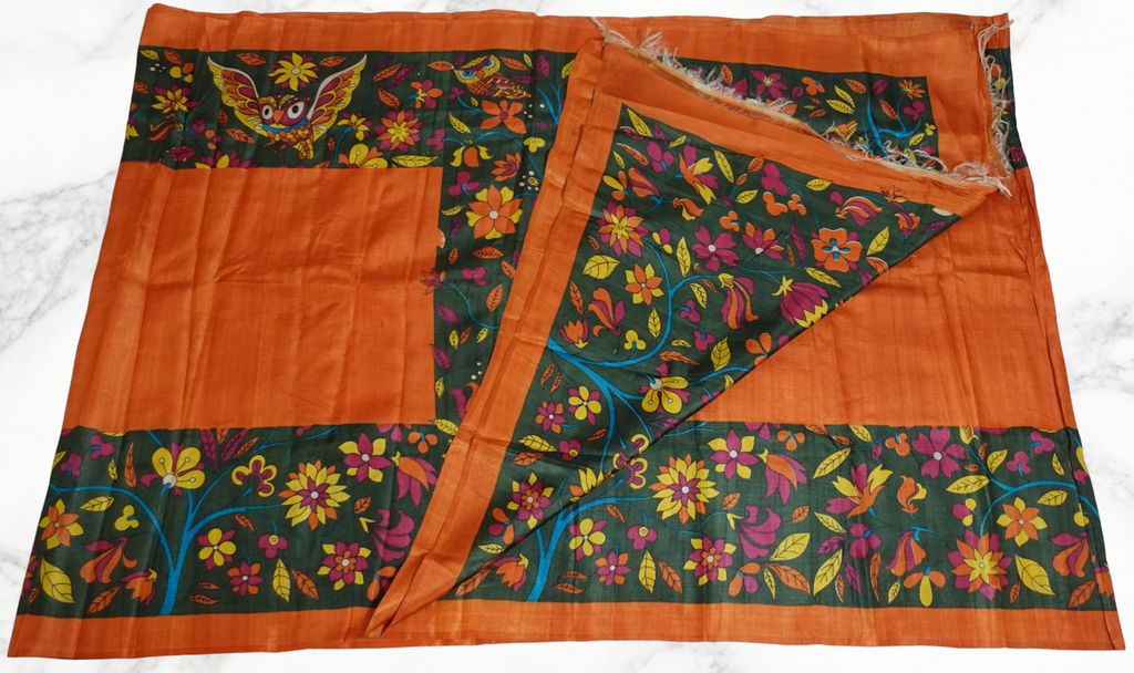 Rust Gachhi Tussar With Hand Painted Kalamkari