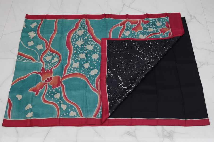 Black Teal Gachhi Tussar with Hand Painted Batik