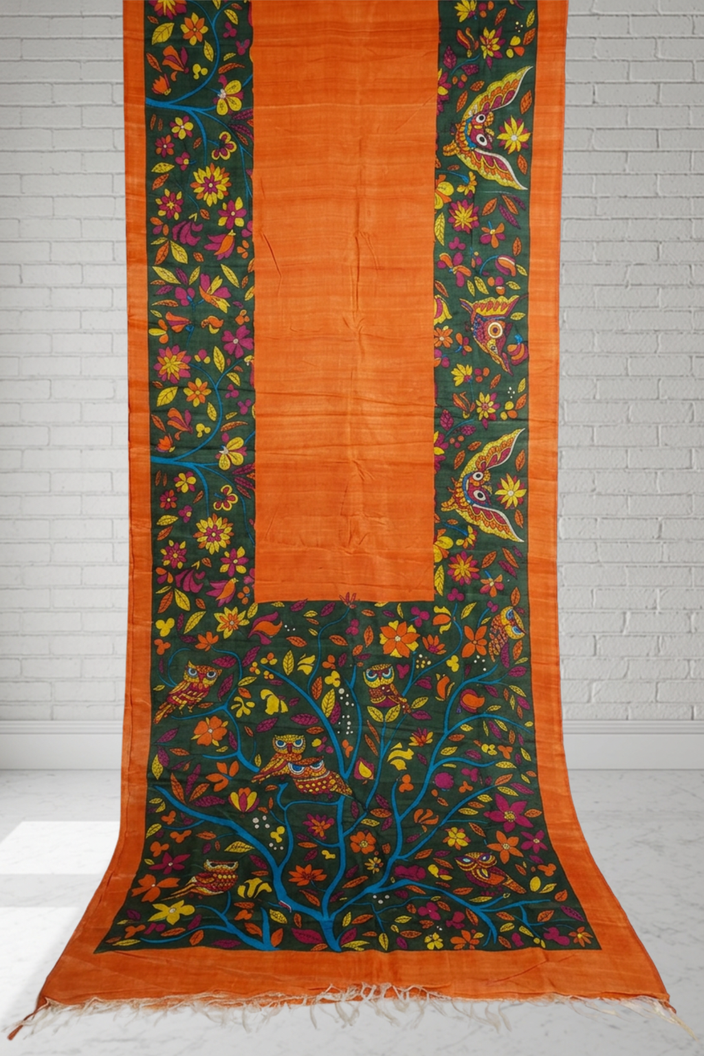 Rust Gachhi Tussar With Hand Painted Kalamkari