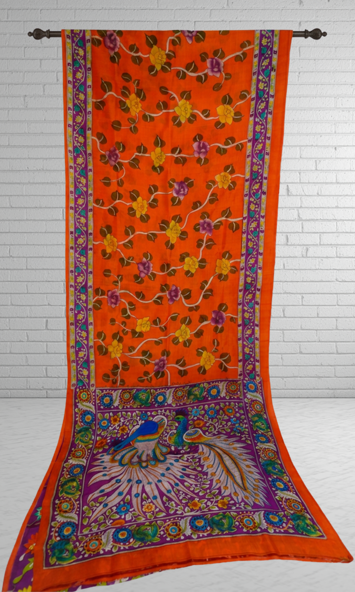 Orange Pure Silk With Hand Painted Kalamkari