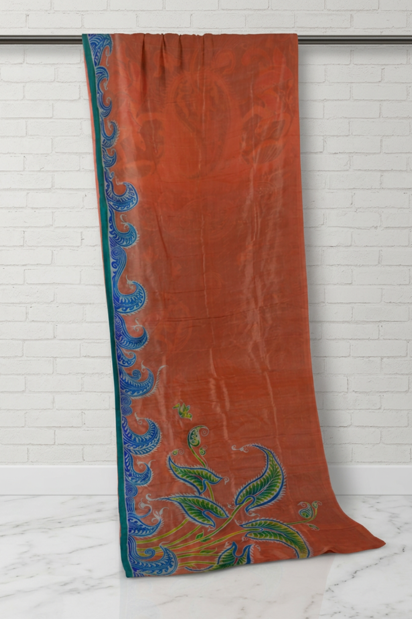 Peach Coral With Shades Of Blue Pure Silk Pattachitra