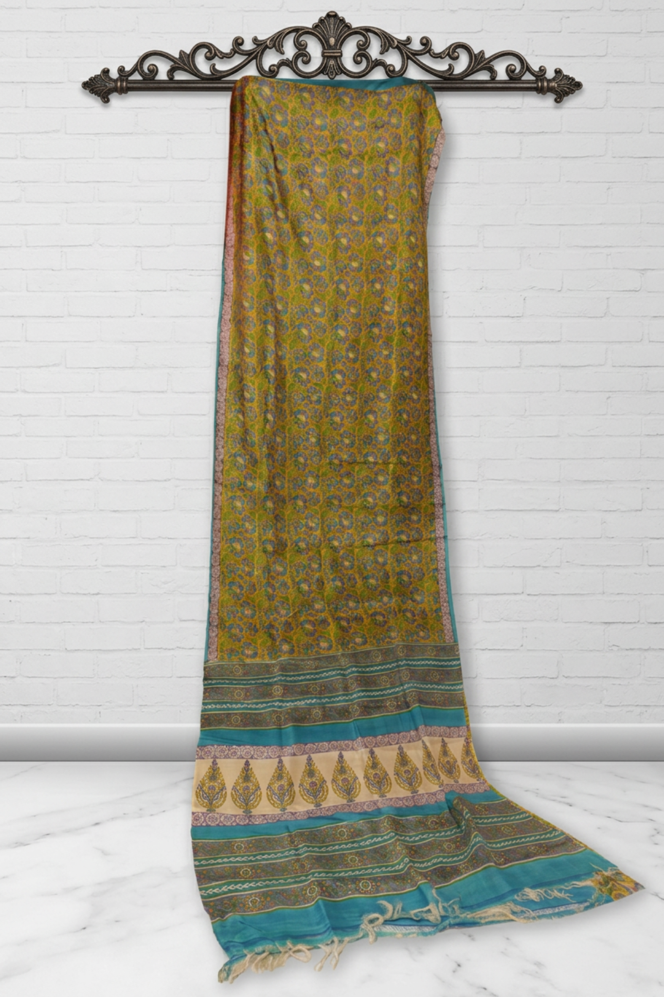 Teal-Mustard Half-Half Desi Tussar with Floral Block Print