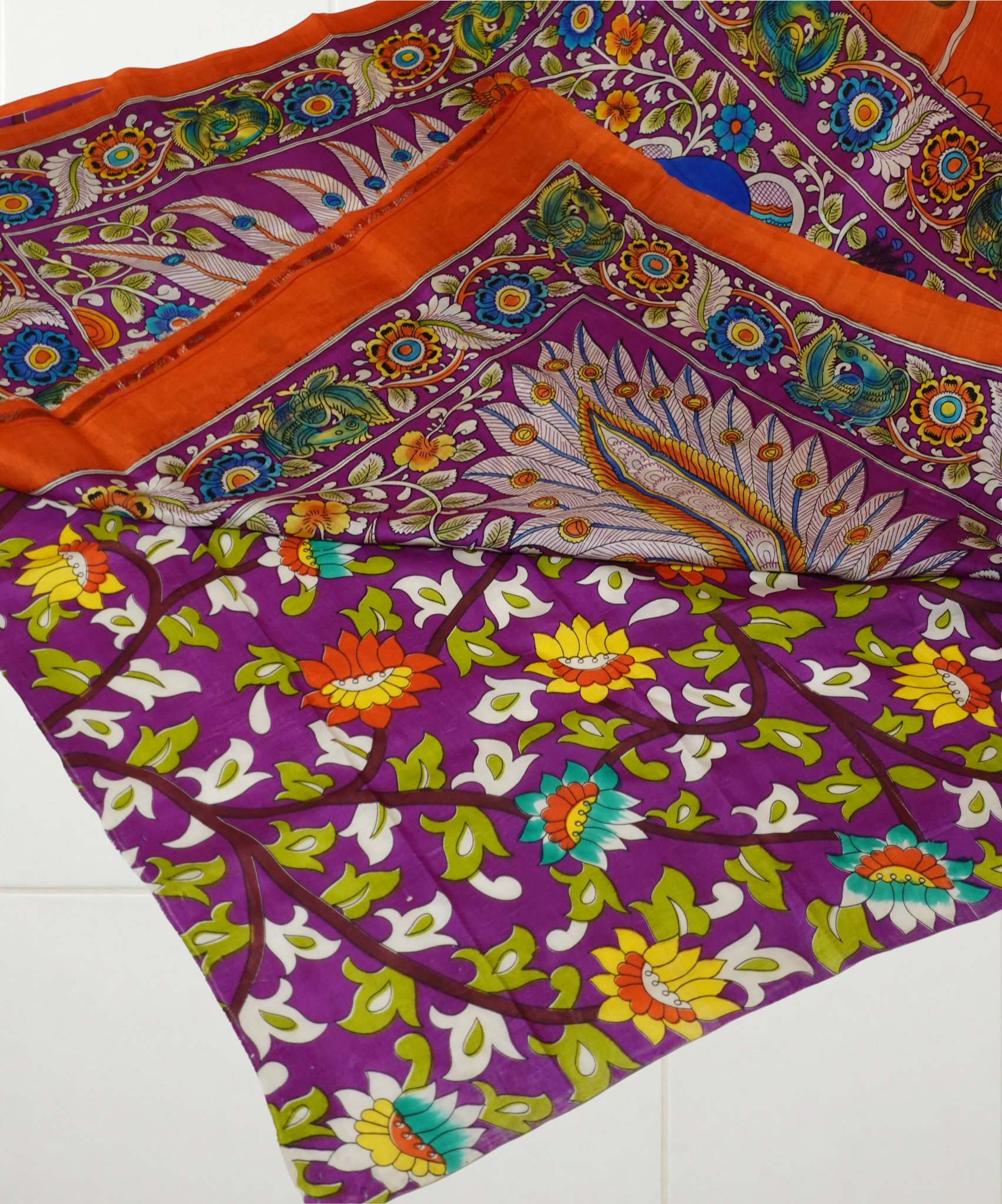 Orange Pure Silk With Hand Painted Kalamkari