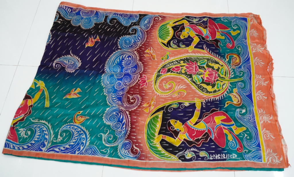 Peach Coral With Shades Of Blue Pure Silk Pattachitra