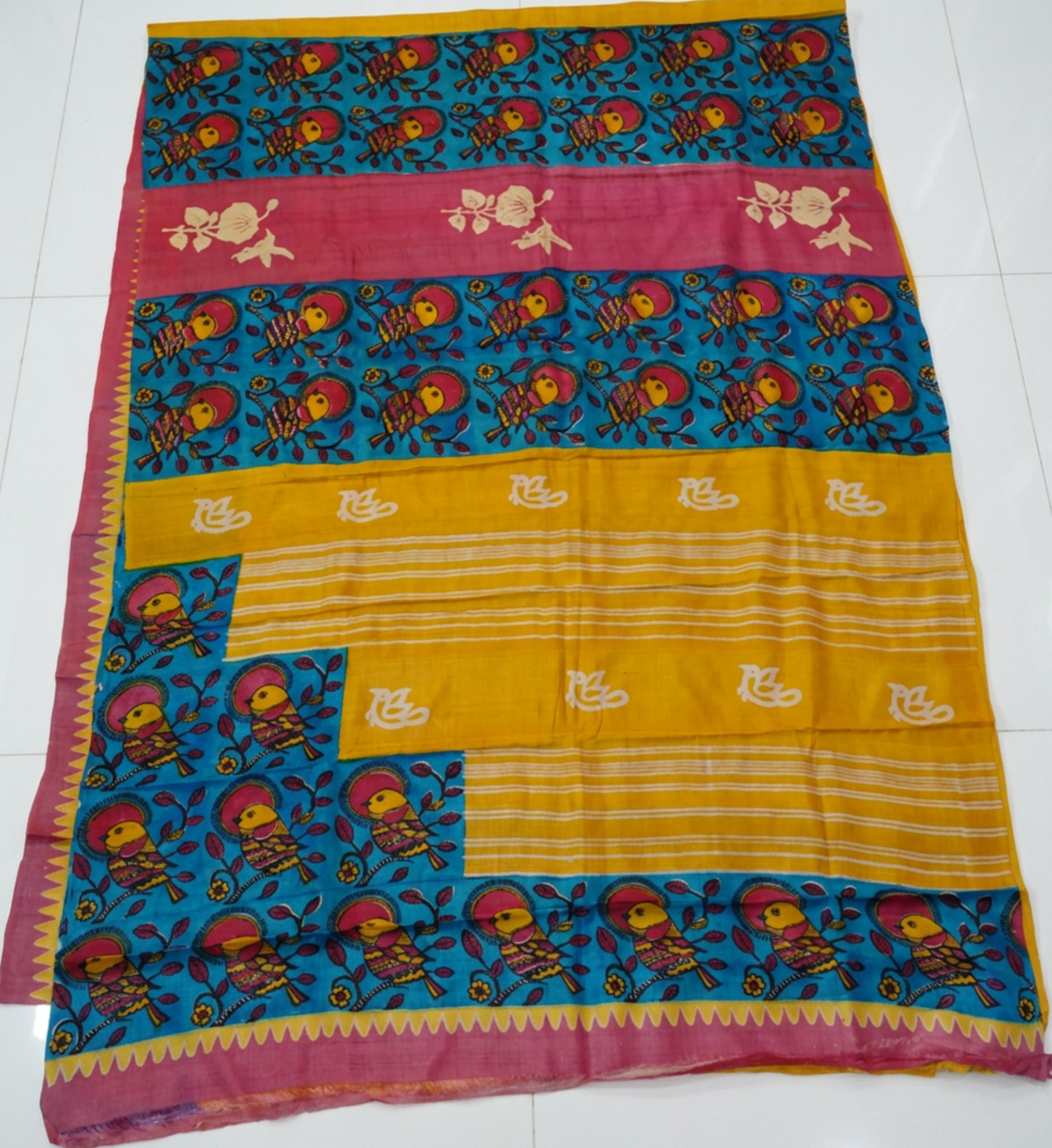 Yellow Turquoise Pure Silk Pattachitra