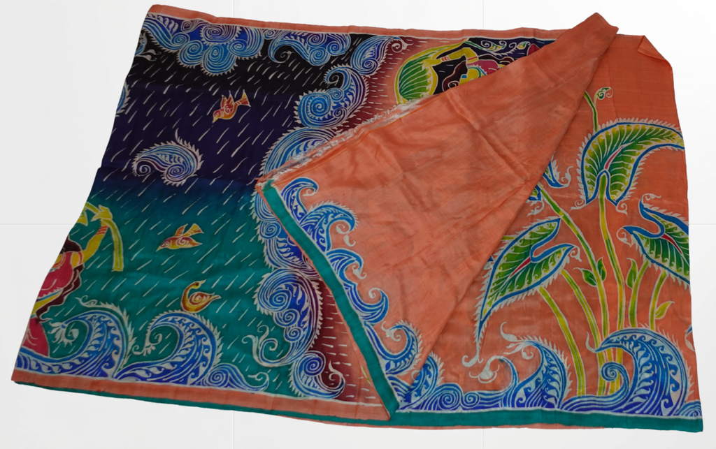 Peach Coral With Shades Of Blue Pure Silk Pattachitra