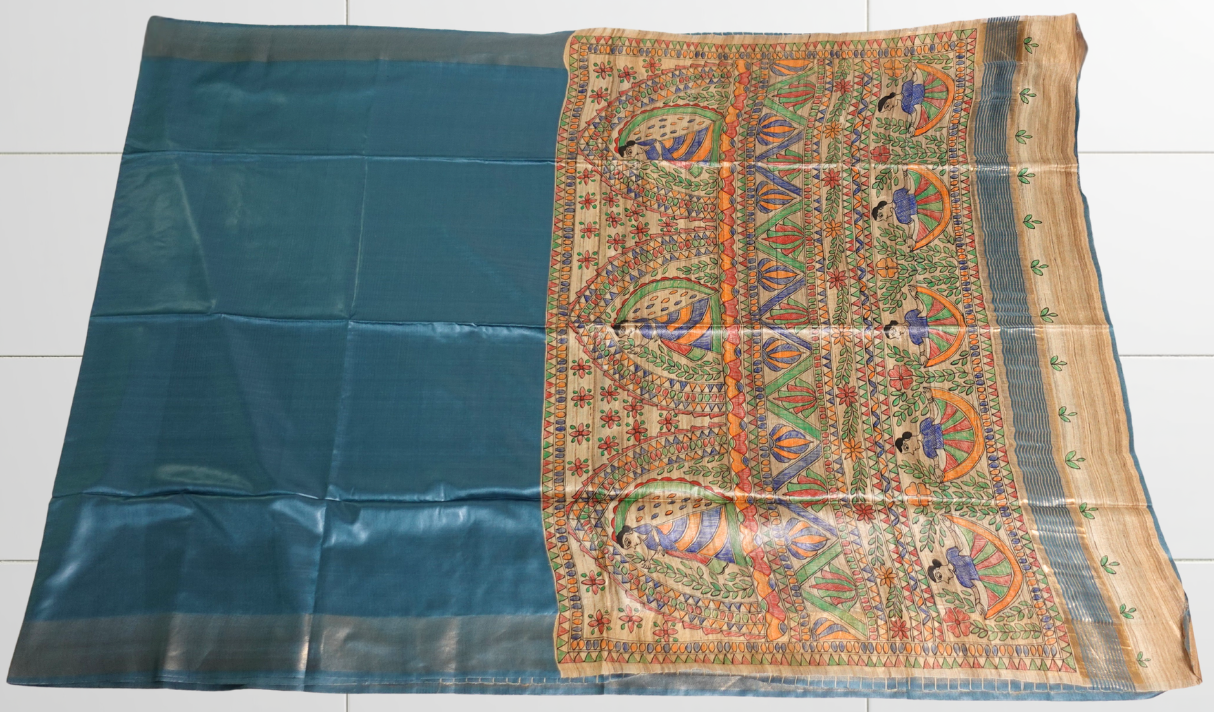 Peacock Blue Semi Tussar with handpainted Madhubani Art
