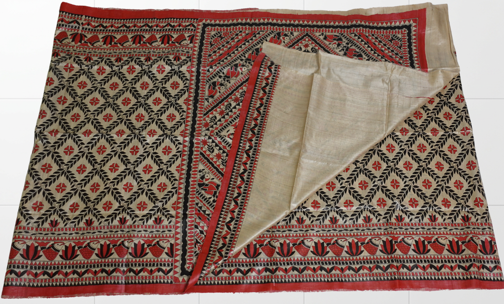 Red-Black Gachhi Tussar with hand-painted Madhubani art