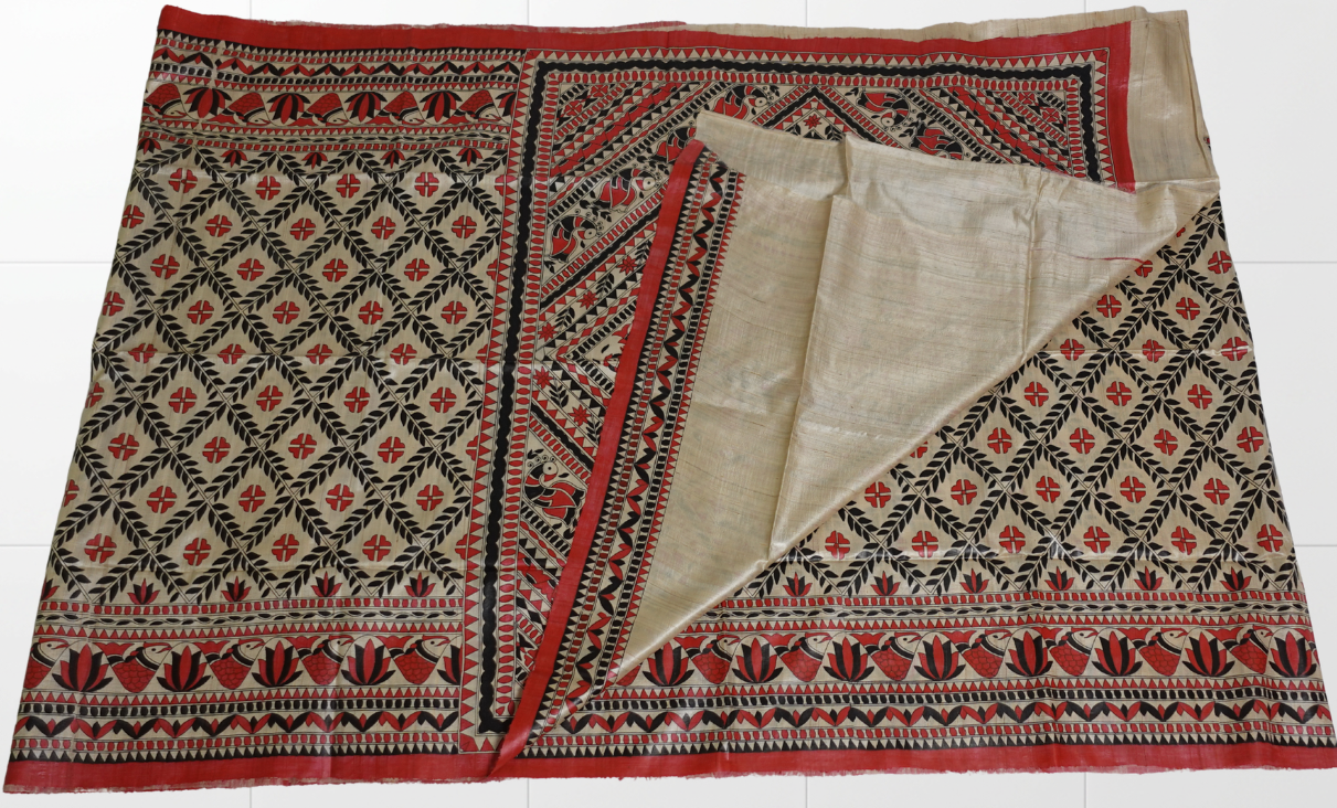 Red-Black Gachhi Tussar with hand-painted Madhubani art