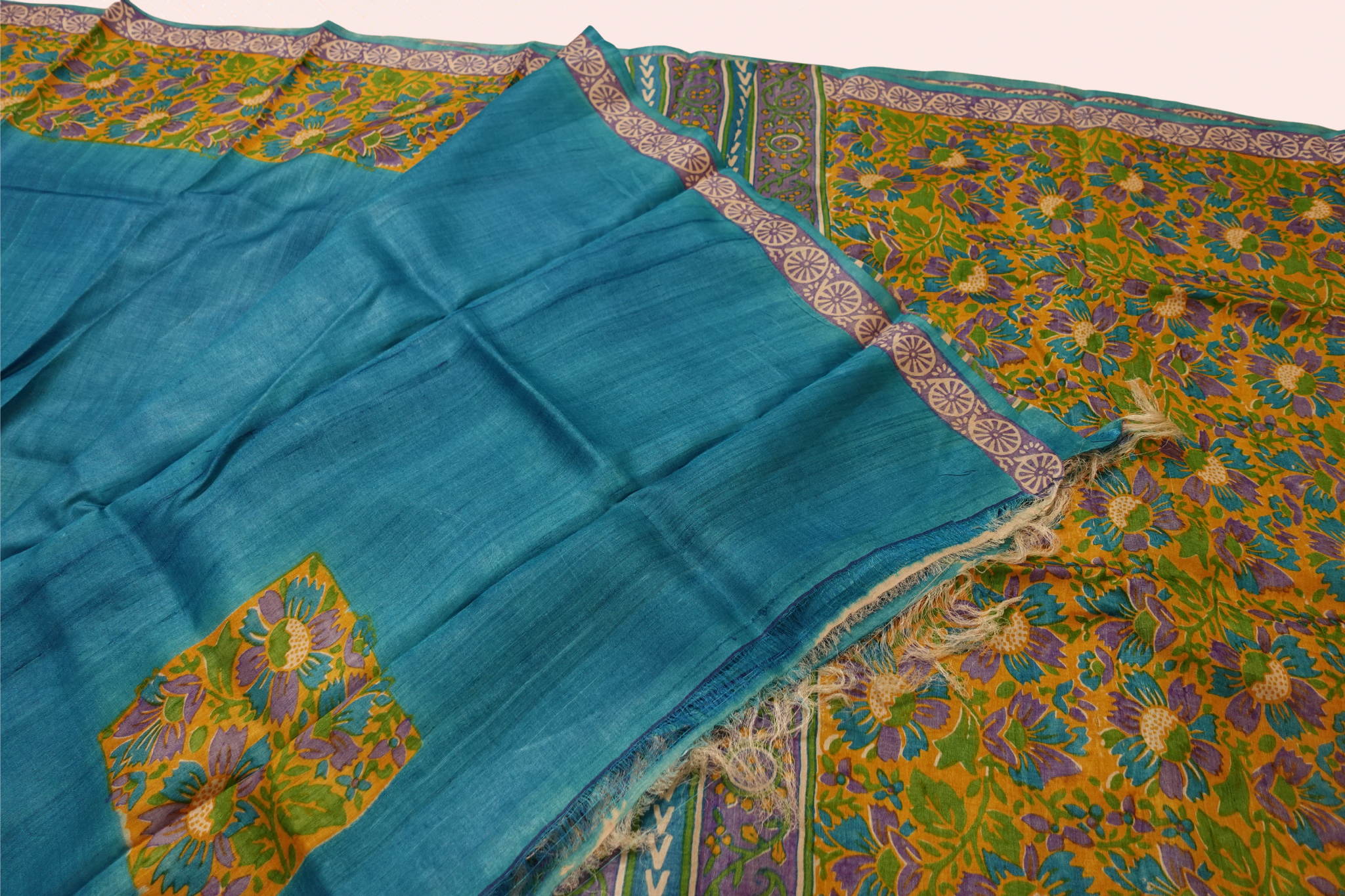 Teal-Mustard Half-Half Desi Tussar with Floral Block Print