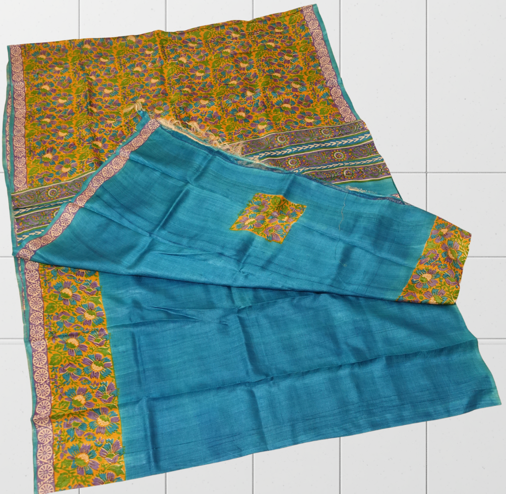 Teal-Mustard Half-Half Desi Tussar with Floral Block Print