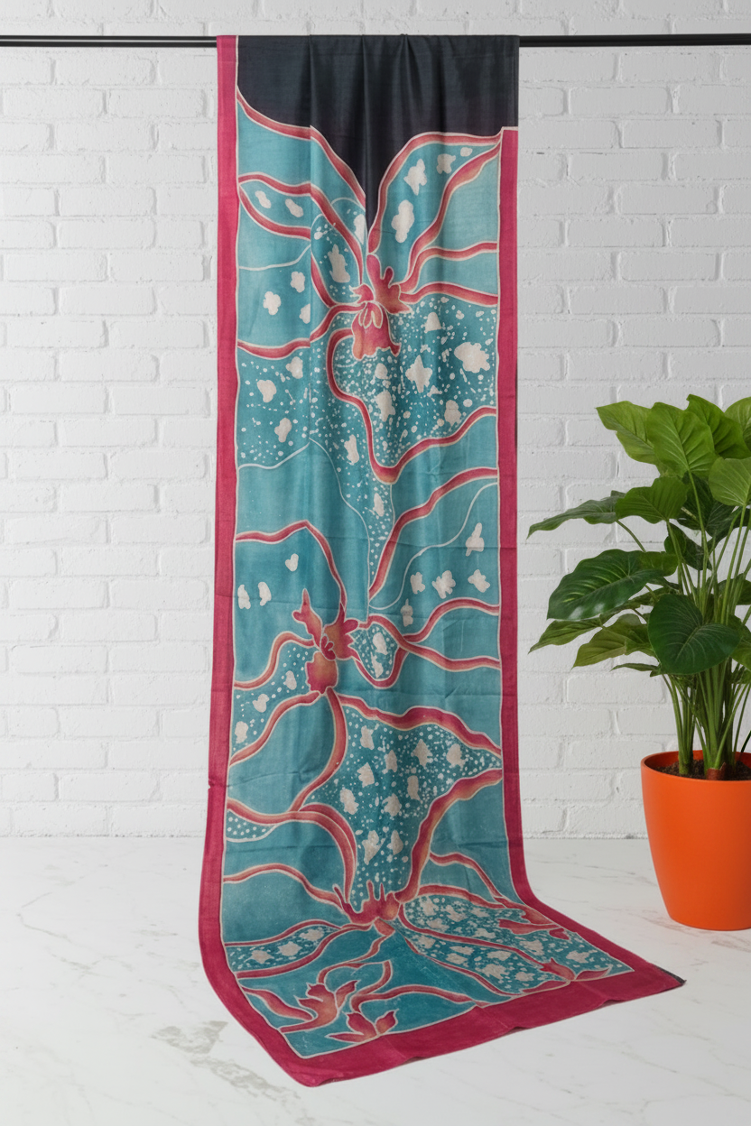 Black Teal Gachhi Tussar with Hand Painted Batik